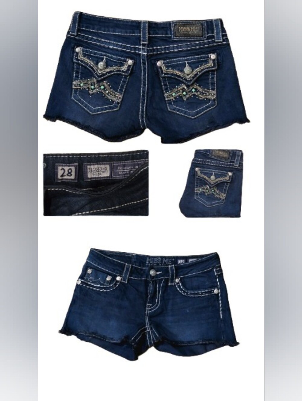 Miss Me Women's 28 Dark Blue Wash Embellished Denim Jean Short Shorts Low Rise